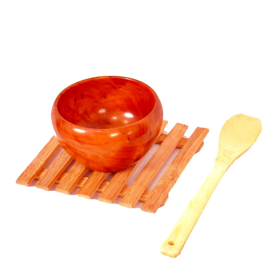 Thuya Wood Bowl, Bamboo Trivet & Wood Spoon Set