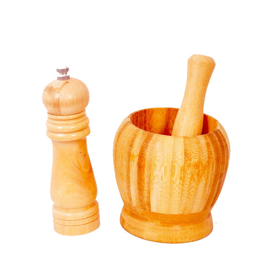 Bamboo Mortar & Pestle with Matching Pepper Mill Set