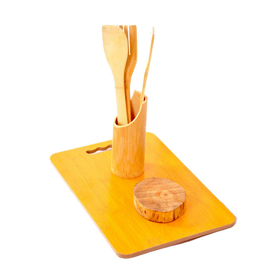 Bamboo Cutting Board, Utensil Holder & Round Board Set